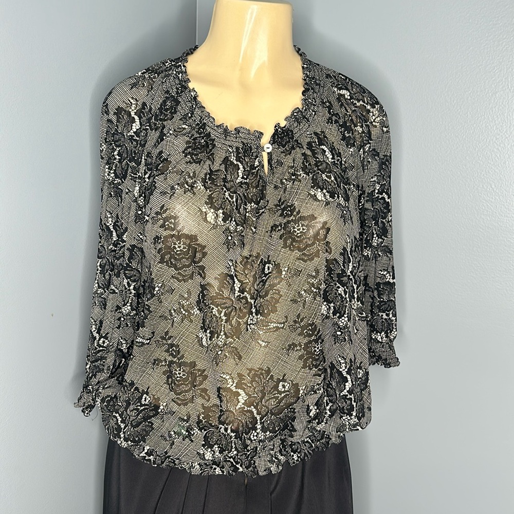 Calvin Klein sz M/L black flower lace pattern semi-sheer top smocked hem&sleeves